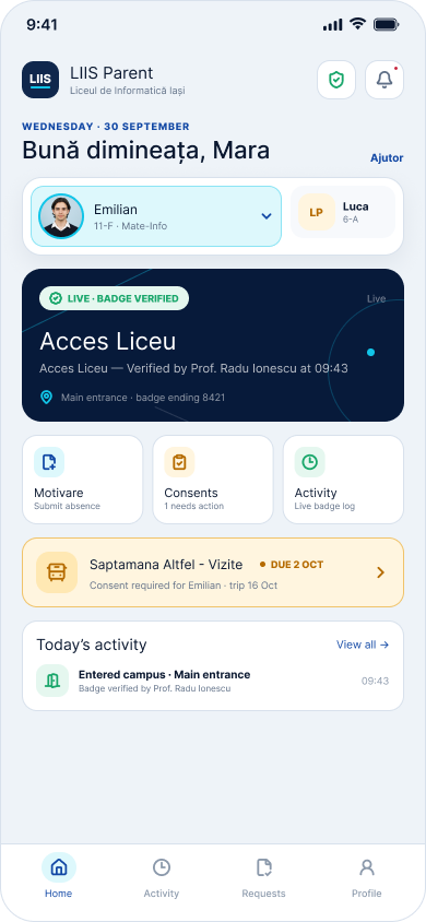 LIIS.RO parent dashboard screen